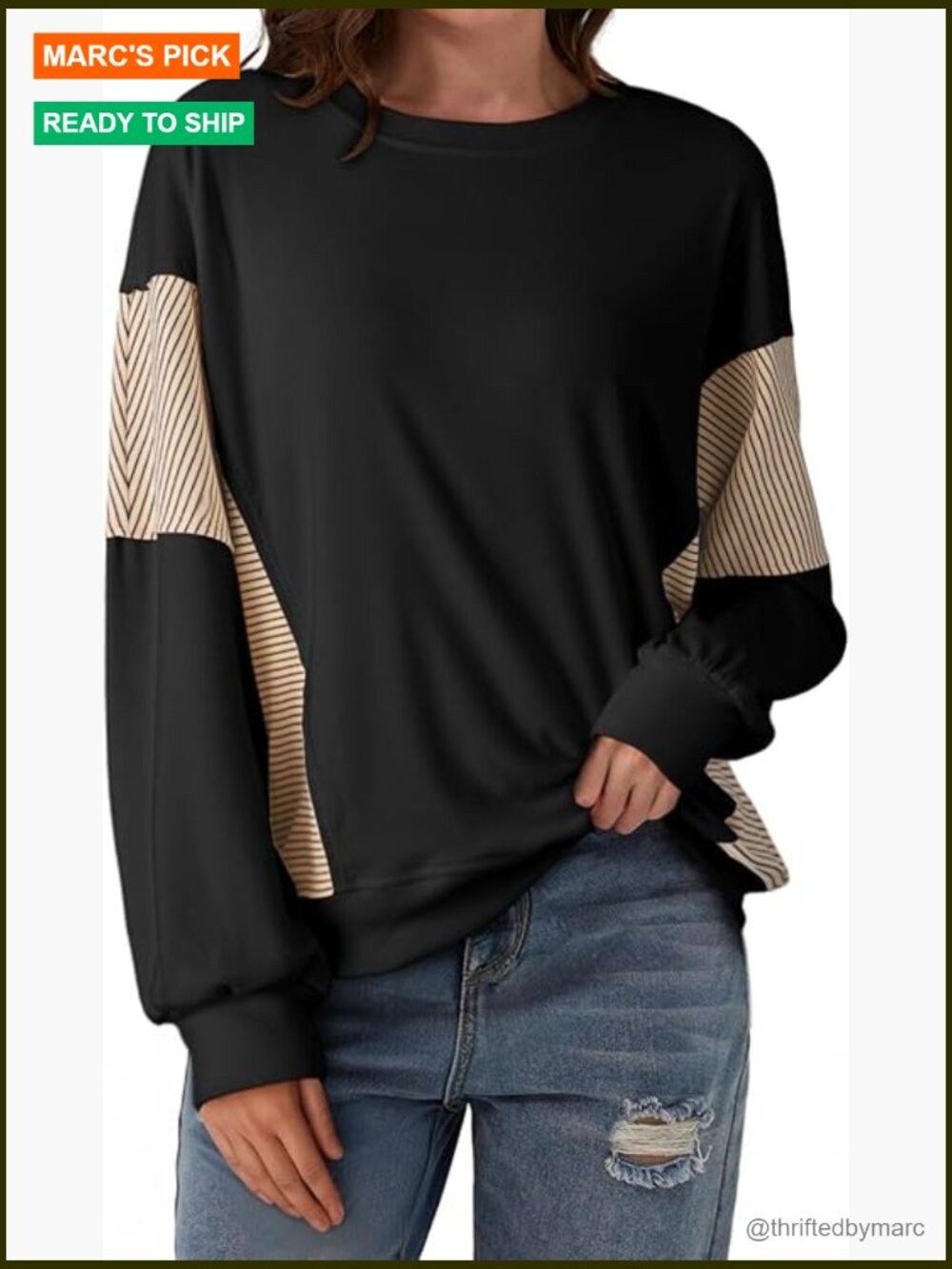 Oversized Crewneck Sweatshirt Long Sleeve Soft Knit Striped Contrast Tunic Fall